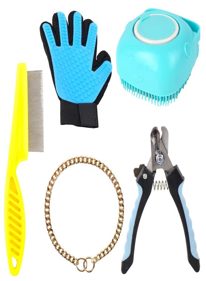 REGIIS Dog Grooming Kit with Nail Clipper, Grooming Glove, Shampoo Brush, Flea Comb, and Training Collar, 5 Piece Set - Image 1